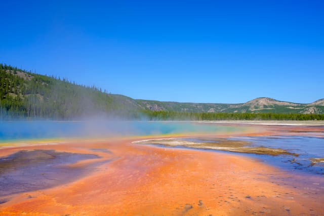 Steam drifts over an orange and turquoise thermal spring below forested hills under a clear blue sky.